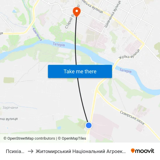 Психіатрична Лікарня to Житомирський Національний Агроекологічний Університет / Zhytomyr National Agroecological University map
