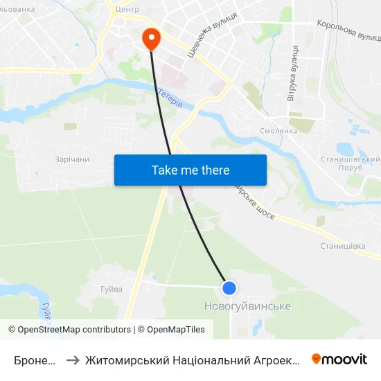 Бронетанковий Завод to Житомирський Національний Агроекологічний Університет / Zhytomyr National Agroecological University map