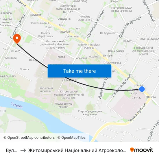 Вул. Гагаріна to Житомирський Національний Агроекологічний Університет / Zhytomyr National Agroecological University map