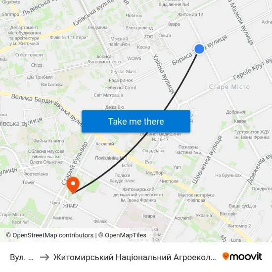 Вул. Шелушкова to Житомирський Національний Агроекологічний Університет / Zhytomyr National Agroecological University map