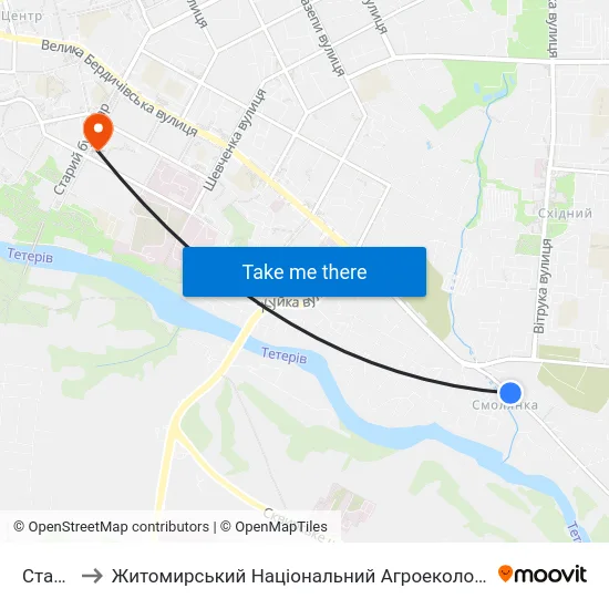 Старий Ринок to Житомирський Національний Агроекологічний Університет / Zhytomyr National Agroecological University map