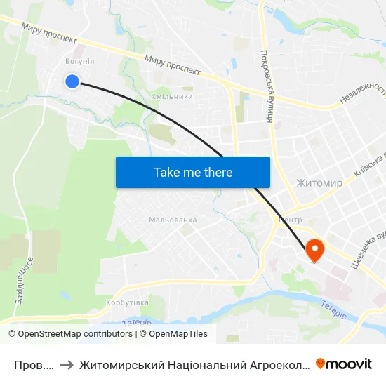 Пров. Санаторний to Житомирський Національний Агроекологічний Університет / Zhytomyr National Agroecological University map