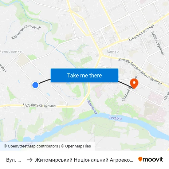 Вул. Пролетарська to Житомирський Національний Агроекологічний Університет / Zhytomyr National Agroecological University map