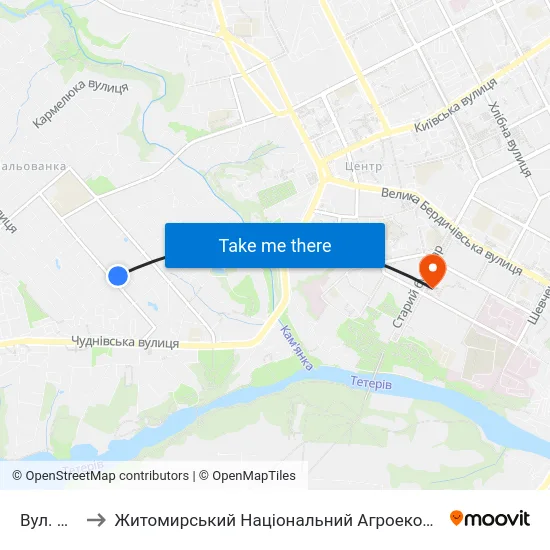 Вул. Пролетарська to Житомирський Національний Агроекологічний Університет / Zhytomyr National Agroecological University map