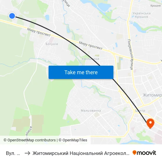 Вул. Агрономічна to Житомирський Національний Агроекологічний Університет / Zhytomyr National Agroecological University map