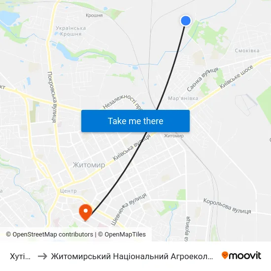 Хутір Затишшя to Житомирський Національний Агроекологічний Університет / Zhytomyr National Agroecological University map