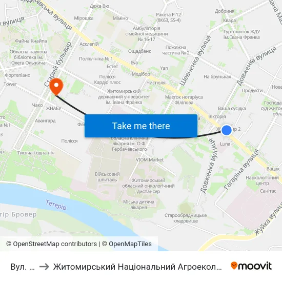 Вул. Довженка to Житомирський Національний Агроекологічний Університет / Zhytomyr National Agroecological University map