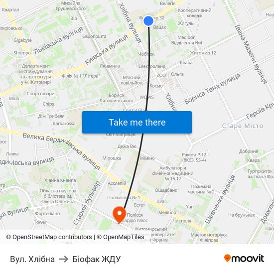 Вул. Хлібна to Біофак ЖДУ map