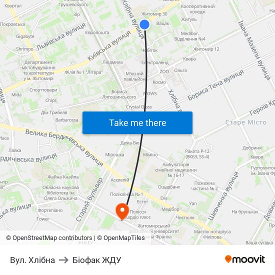 Вул. Хлібна to Біофак ЖДУ map