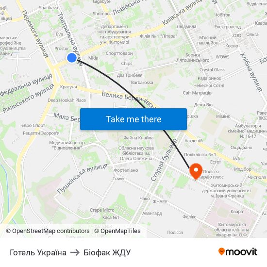 Готель Україна to Біофак ЖДУ map