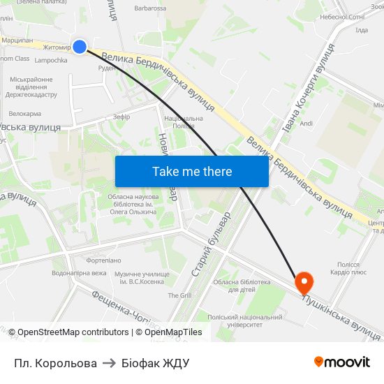 Пл. Корольова to Біофак ЖДУ map