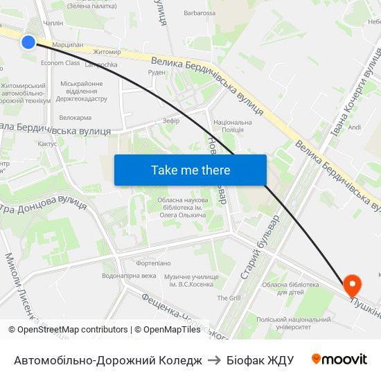 Автомобільно-Дорожний Коледж to Біофак ЖДУ map