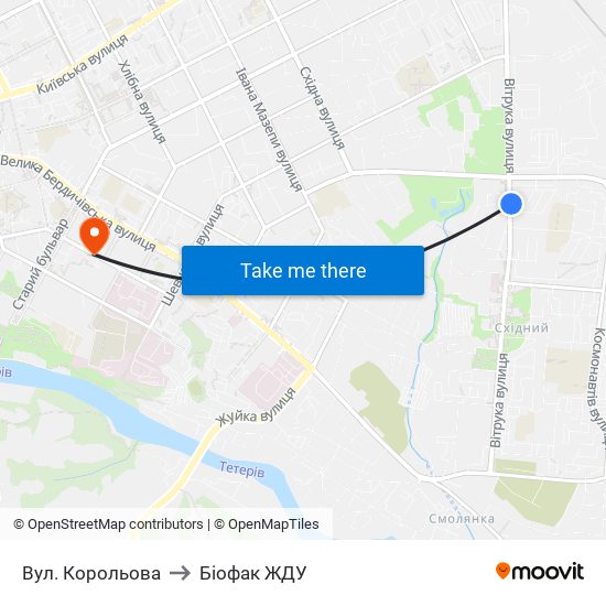 Вул. Корольова to Біофак ЖДУ map