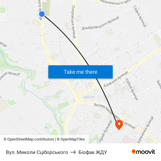 Вул. Миколи Сціборського to Біофак ЖДУ map