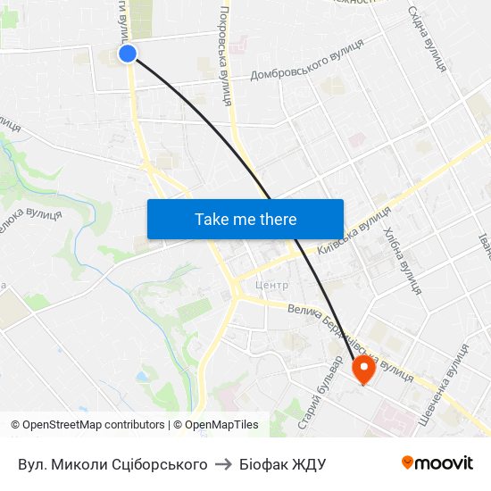 Вул. Миколи Сціборського to Біофак ЖДУ map