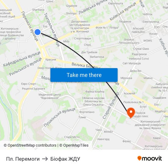 Пл. Перемоги to Біофак ЖДУ map