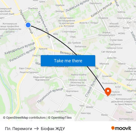 Пл. Перемоги to Біофак ЖДУ map