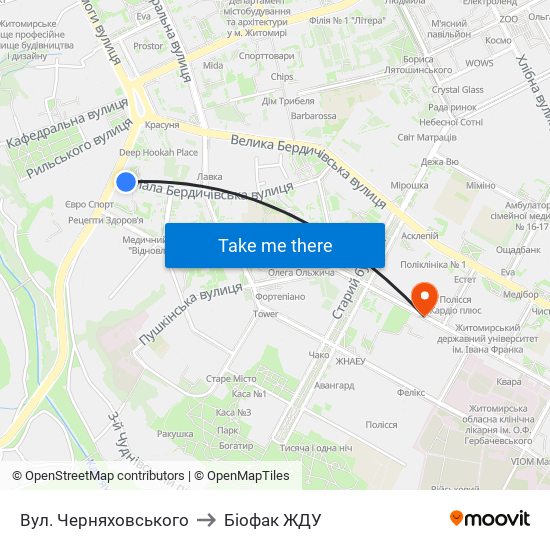 Вул. Черняховського to Біофак ЖДУ map