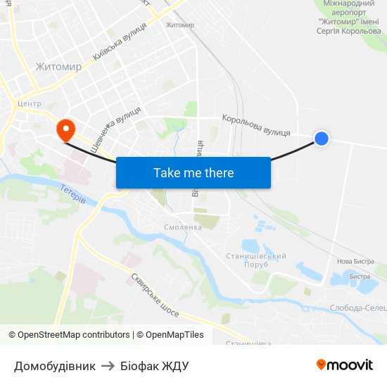 Домобудівник to Біофак ЖДУ map