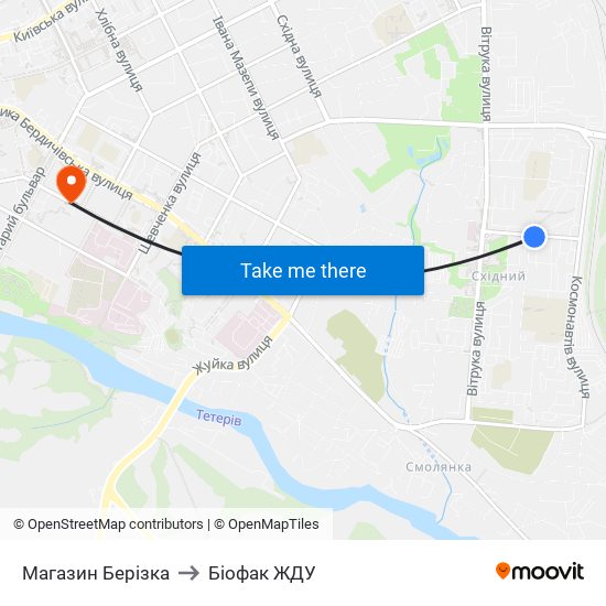 Магазин Берізка to Біофак ЖДУ map