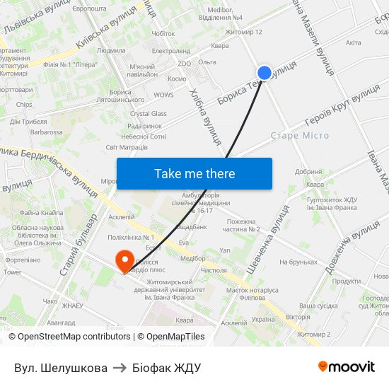 Вул. Шелушкова to Біофак ЖДУ map