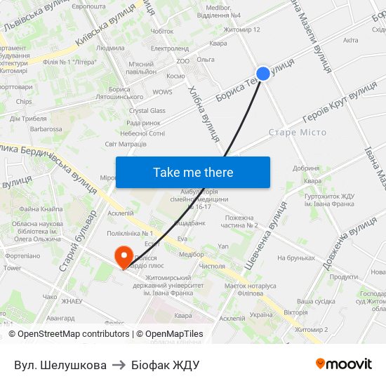 Вул. Шелушкова to Біофак ЖДУ map