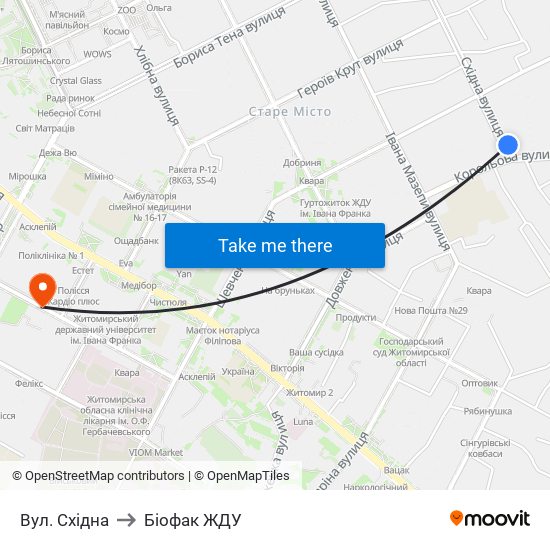 Вул. Східна to Біофак ЖДУ map