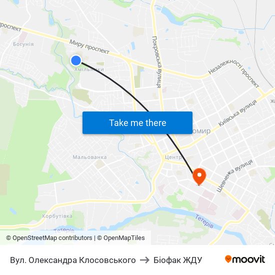 Вул. Олександра Клосовського to Біофак ЖДУ map