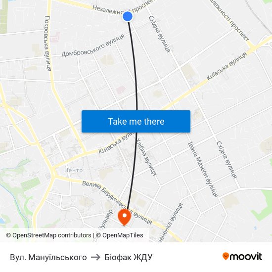 Вул. Мануїльського to Біофак ЖДУ map