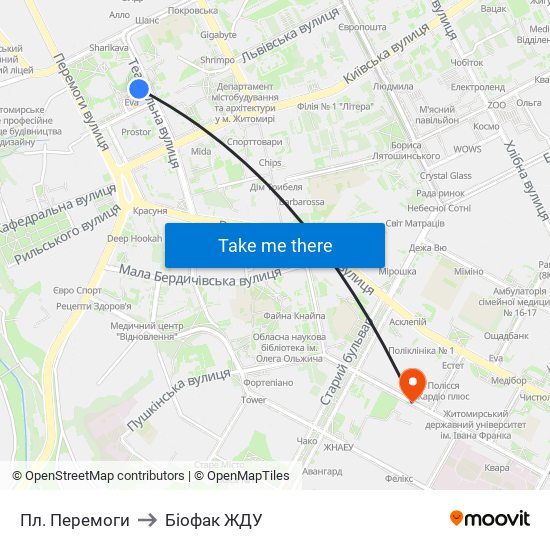 Пл. Перемоги to Біофак ЖДУ map