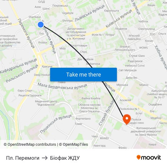 Пл. Перемоги to Біофак ЖДУ map