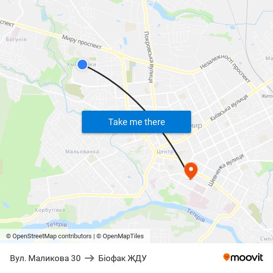 Вул. Маликова 30 to Біофак ЖДУ map