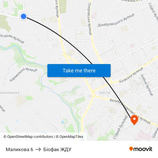Маликова 6 to Біофак ЖДУ map
