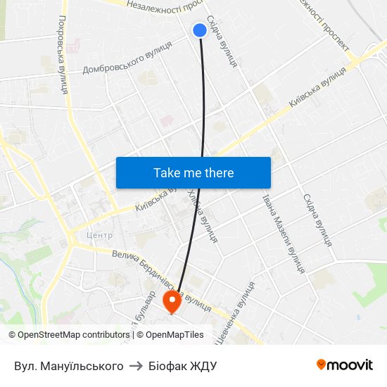 Вул. Мануїльського to Біофак ЖДУ map