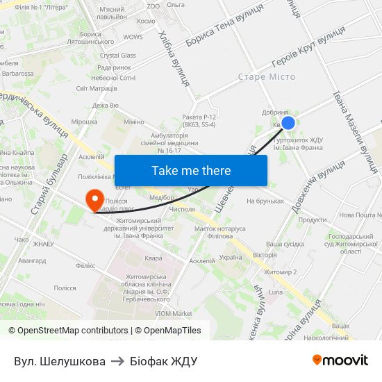 Вул. Шелушкова to Біофак ЖДУ map