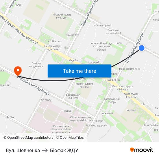 Вул. Шевченка to Біофак ЖДУ map