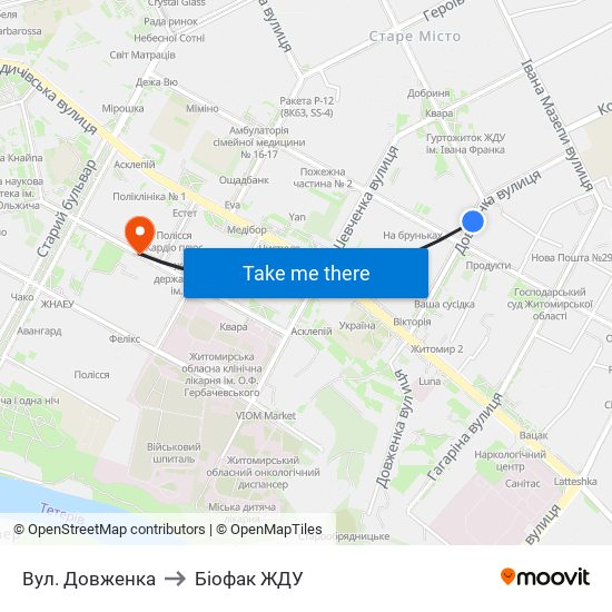 Вул. Довженка to Біофак ЖДУ map