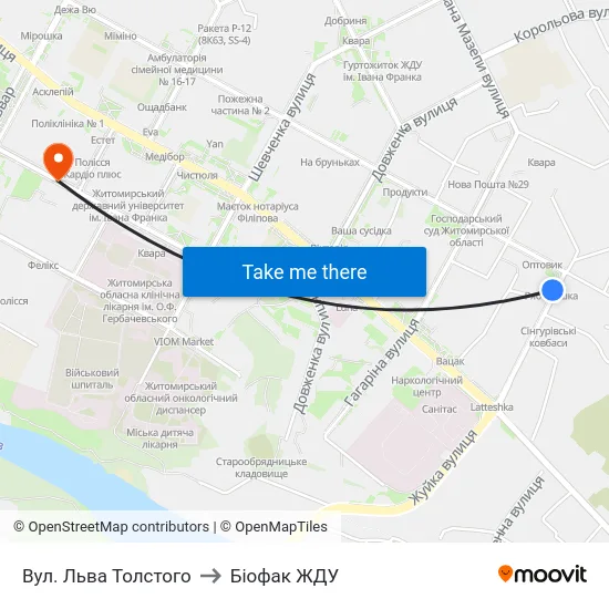 Вул. Льва Толстого to Біофак ЖДУ map