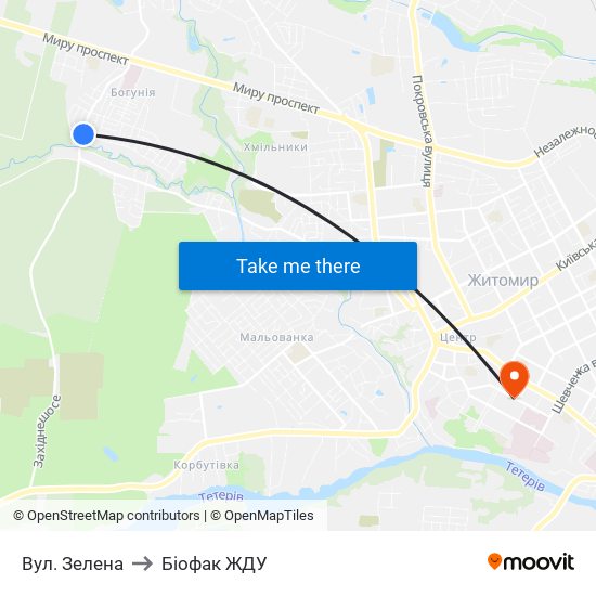 Вул. Зелена to Біофак ЖДУ map