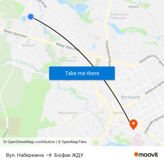 Вул. Набережна to Біофак ЖДУ map