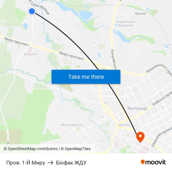 Пров. 1-Й Миру to Біофак ЖДУ map