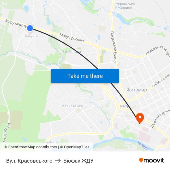 Вул. Красовського to Біофак ЖДУ map