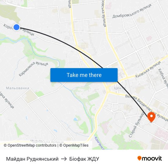 Майдан Руднянський to Біофак ЖДУ map