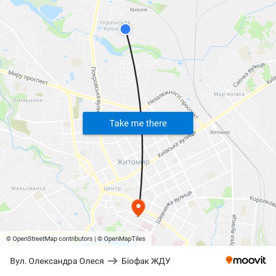 Вул. Олександра Олеся to Біофак ЖДУ map