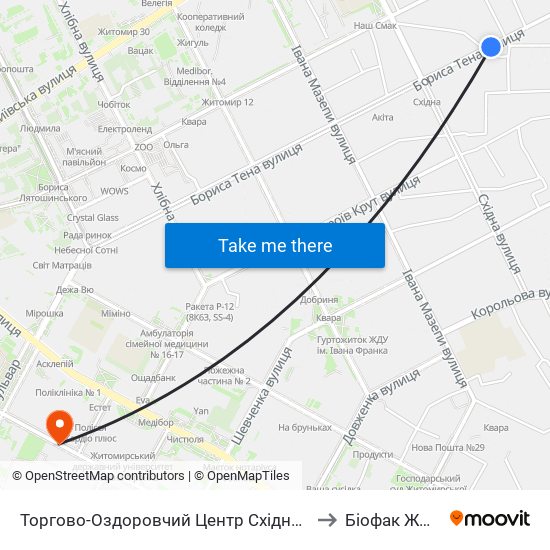 Торгово-Оздоровчий Центр Східний to Біофак ЖДУ map