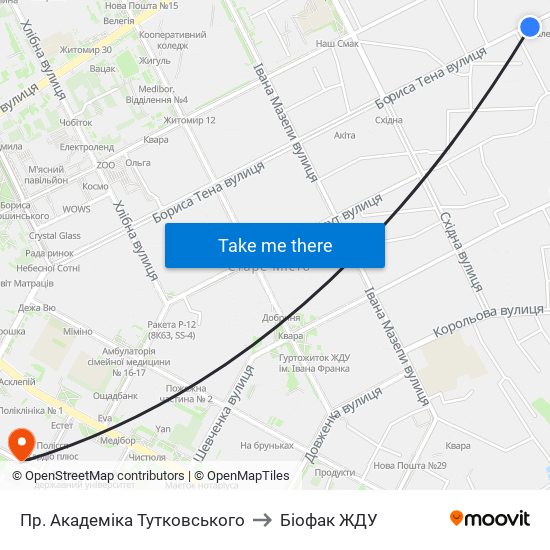 Пр. Академіка Тутковського to Біофак ЖДУ map