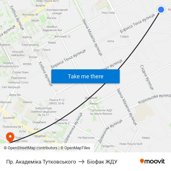 Пр. Академіка Тутковського to Біофак ЖДУ map