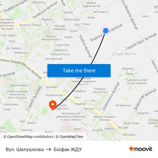 Вул. Шелушкова to Біофак ЖДУ map