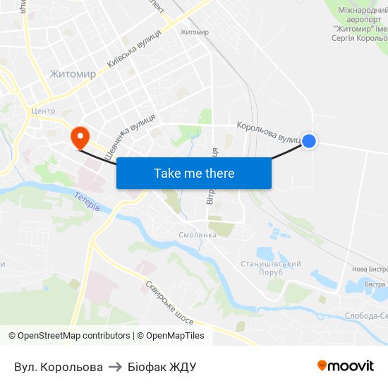 Вул. Корольова to Біофак ЖДУ map