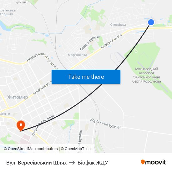 Вул. Вересівський Шлях to Біофак ЖДУ map